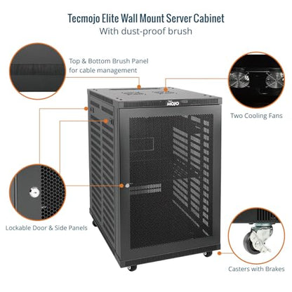 Tecmojo 18U Wall Mount Rack,18U Rack 23.6 Inch Depth,Hold Up to 176 Lbs,Server Rack with Casters,Enclosed Network Cabinet for 19 Inch Network,Server and AV Gear,Mesh Door(Elite Collection) - size: 18U/23.6in Depth/Mesh Door