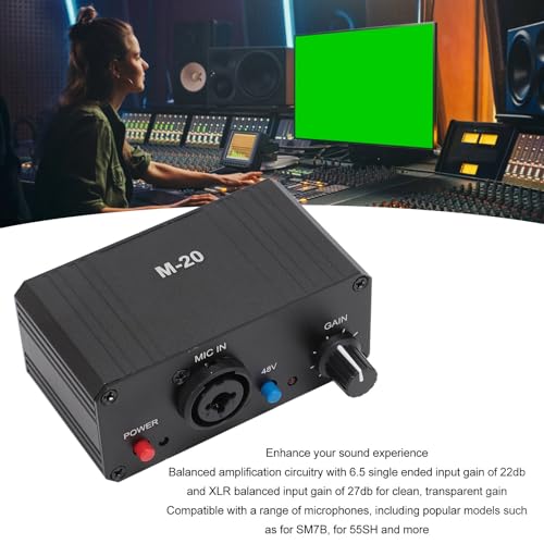 Microphone Preamp, High Gain Mic Preamplifier Booster with 48V Power XLR Output, Audio Mixer Preamp Dynamic Condenser Microphones for Podcast Broadcast Home Recording
