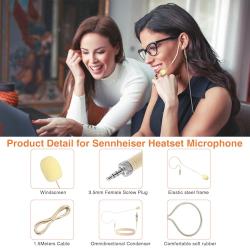 2 Pack Headset Single Earhook Microphone Hands-Free Mic for Sennheiser | 3.5mm Female Screw Plug,Condenser Omnidirectional Mic,Light-Weight Beige Headset Head Mic with Windscree and 1.5m Cable - color: 2 Pack / Beige