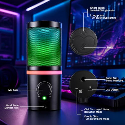 USB PC Gaming Microphone with RGB Light, Volume Control, Mute Button, Headphone Monitoring Jack. Compatible with Windows, MAC, PS4/PS5.