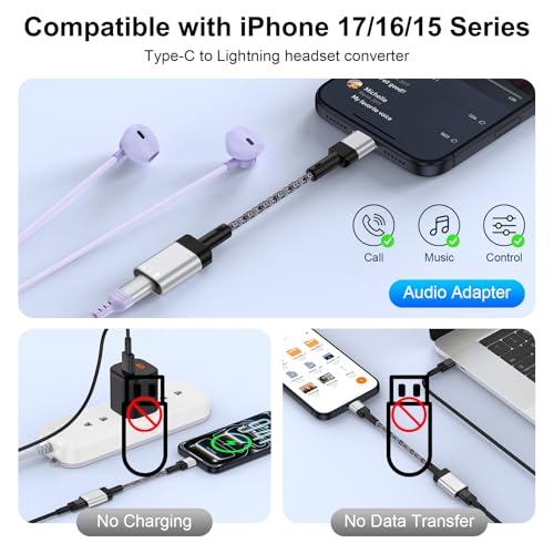 USB C to Lightning Headphone Audio Adapter for iPhone 17e 17 Air Pro Max Air 16e 16 15 Pro Max Plus,iPad,MacBook, USB C Male to Lightning Female Earbuds Audio Adapter Earphone Converter (NO CHARGE) - color: Gray