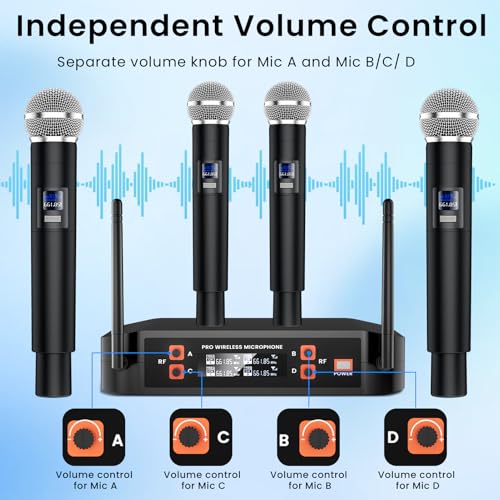 Gritto 4-Channel Wireless Microphone System,Fixed Frequency Metal Cordless Mic,300FT Range, Dynamic Handheld Mics with Stable Signal Transmission for Karaoke Singing Party Church Wedding DJ