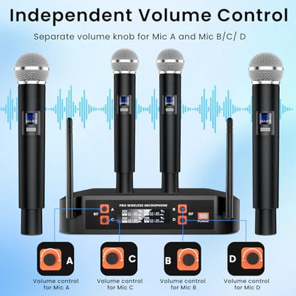 Gritto 4-Channel Wireless Microphone System,Fixed Frequency Metal Cordless Mic,300FT Range, Dynamic Handheld Mics with Stable Signal Transmission for Karaoke Singing Party Church Wedding DJ