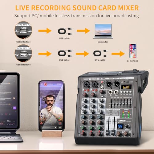 4 Channel Audio Mixer for Home Audio, Sound Mixer Board with USB Interface, 99 DSP Effects, 48V Phantom Power, XLR Inputs for Karaoke, Recording