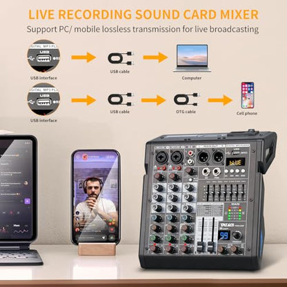 4 Channel Audio Mixer for Home Audio, Sound Mixer Board with USB Interface, 99 DSP Effects, 48V Phantom Power, XLR Inputs for Karaoke, Recording
