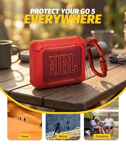 (3 in 1) Orzero Silicone Cover Compatible for JBL Go 5 Waterproof Bluetooth Speaker, Lanyard Dust Plug and Twist-Lock Carabiner for Camping Hiking (Red) - color: Red