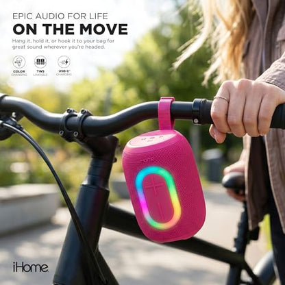iHome Quest Wireless Portable Bluetooth Speaker with RGB Light | Water-Resistant, Built-In Carry Strap, TWS Pairing, Rechargeable Battery, USB-C Cable Included, True Stereo, Bluetooth 5.3 - color: Pink