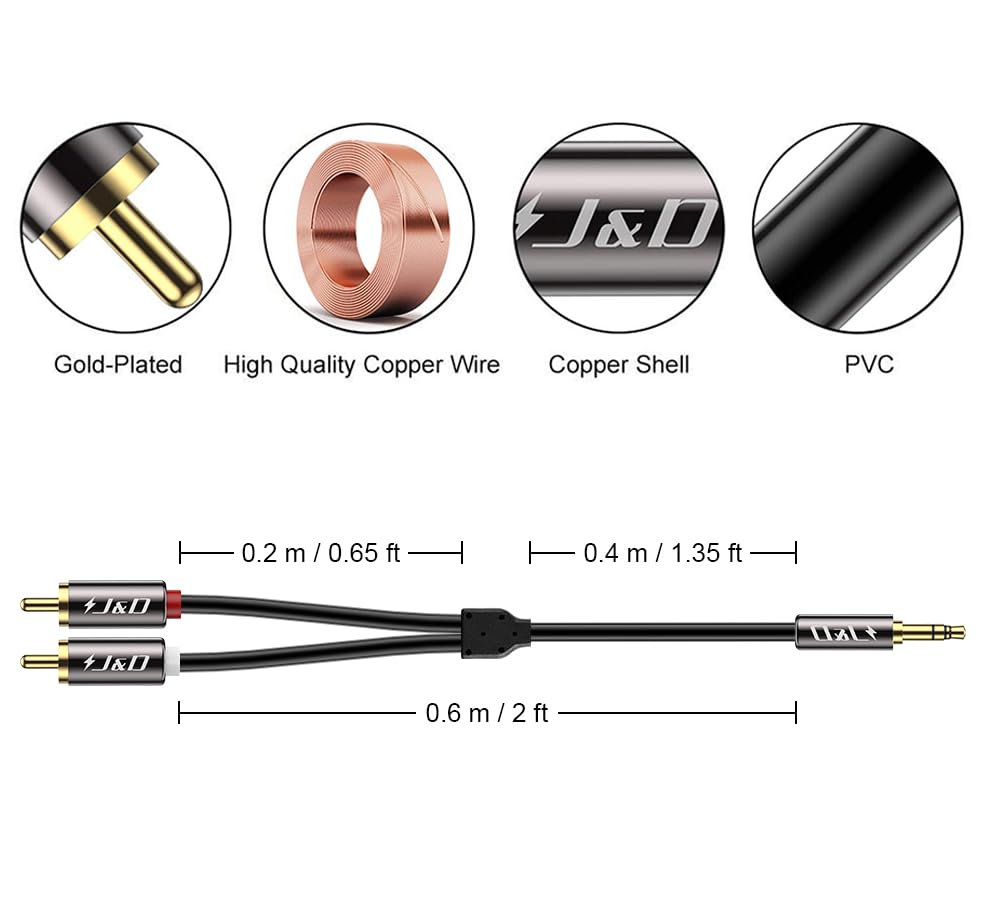 J&D 3.5mm to RCA Cable, Gold-Plated 3.5mm Male to 2RCA Male Stereo Audio Adapter, Heavy Duty Shielded Aux Cable for Home Theater, Speakers, Turntable, TV, Soundbar, 2 Feet - size: 2 Feet