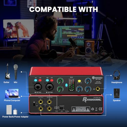 USB Audio Interface,4-In 2-Out Audio Interface with 48V Phantom Power 24-bit/192kHz, Dual TS/XLR Inputs Plug & Play for Recording, Podcasting, Streaming, Guitar, Vocalist