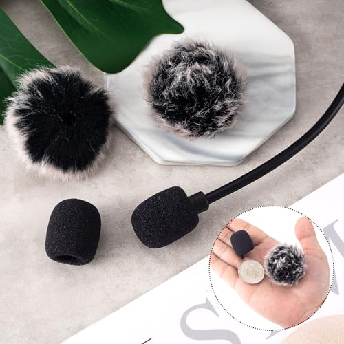 PAGOW 4Pcs Mini Foam Microphone Windscreens＆Furry Cover, Mic Headset Cover | Black High Density Lapel Microphone Windscreen for Lavalier Microphones Noise Reduction (2pcs Foam + 2pcs Furry) - color: black,Foam(2pcs),Furry(2pcs)