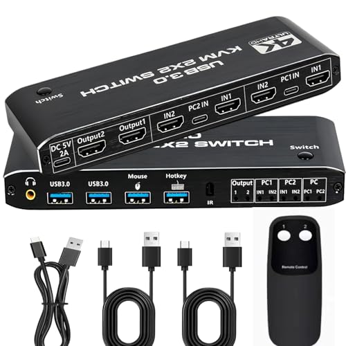 Dual Monitor HDMI KVM Switch 2 Computers | 4K@60Hz UHD, USB 3.0 Hub for Keyboard & Mouse, Hotkey/Panel/Remote Control, Extended/Mirror Display, 3.5mm Audio, EDID, HDCP 2.3, Plug & Play