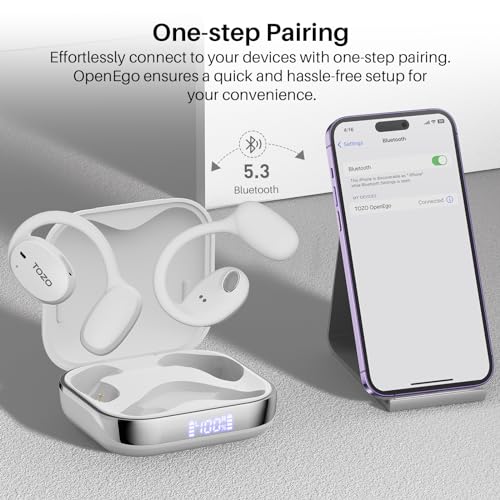 TOZO OpenEgo Open Ear Earbuds 80H Bluetooth 5.3 Headphones Sport Earbuds | Open Ear Structure with Earhooks, 32 EQ Modes, Digital LED Display,HD Clear Calls, Comfort Wear For Running, Travel, Office - color: Snow White