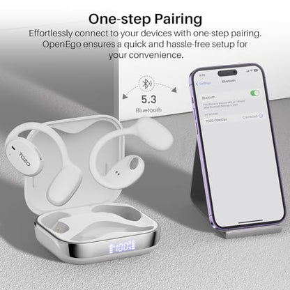 TOZO OpenEgo Open Ear Earbuds 80H Bluetooth 5.3 Headphones Sport Earbuds | Open Ear Structure with Earhooks, 32 EQ Modes, Digital LED Display,HD Clear Calls, Comfort Wear For Running, Travel, Office - color: Snow White