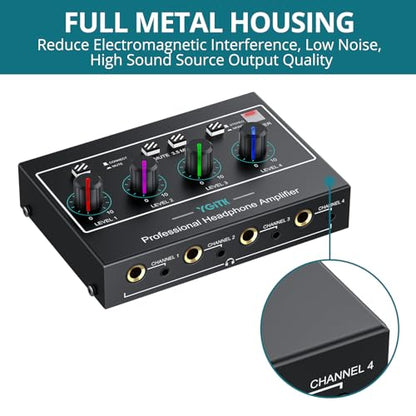 Headphone Amplifier with Light, 4 Channel Mono/Stereo Audio Amplifier with Power Adapter 3 Input Mute & Audio Mixer, Ultra-Compact Headphone Amp Splitter 1/4" & 1/8" TRS Output for Studio - color: Black with Light