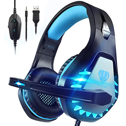 Pacrate Gaming Headset with Microphone for PC PS4 PS5 Headset Noise Cancelling Gaming Headphones for Laptop Mac Switch Xbox One Headset with LED Lights Deep Bass for Kids Adults Black Blue - color: Black Blue
