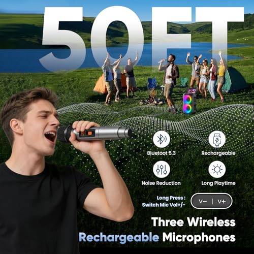 Karaoke Machine for Adults Kids, Portable Bluetooth Speaker with 3 Wireless Microphones, TWS Mode & LED Light, 10H Battery PA System, Home Party Outdoor Camping Birthday Gifts (3 Mics) - size: 3 Mics
