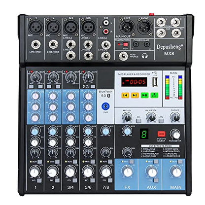 Professional Audio Mixer Sound Board Console 8-Channel DJ Controller Sound Mixer w/ 8-DSP EFFECT, USB Recording Interface, Bluetooth, 48V Phantom Power, Ideal For Live Streaming Depusheng MX8