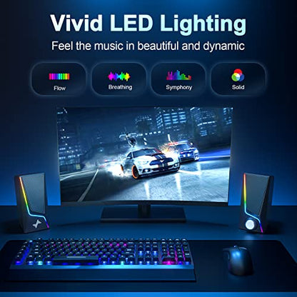 Nylavee Computer Speakers for Desktop, PC Speakers with 6 Lighting Modes | USB Powered with 3.5mm AUX, Dual Speaker Units and 2 Bass-Boost Ports for PCs, Laptops and Monitors