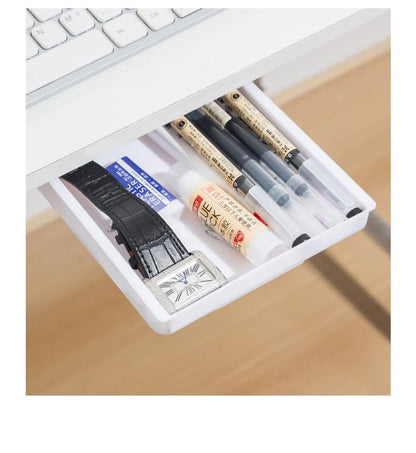 Under Desk Drawer Organizer – Self-Adhesive Hidden Storage Tray for Office & Home, Large Capacity, No Drilling, Available in White & Black - color: White