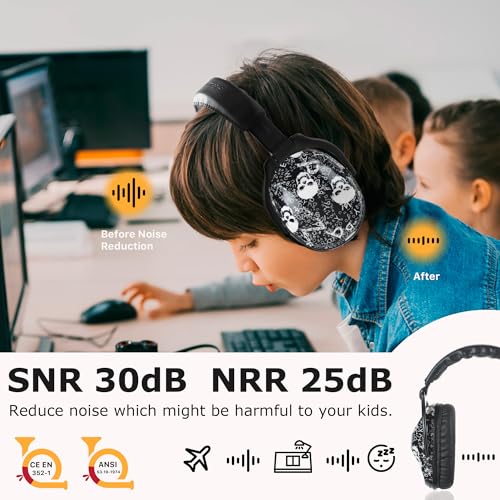 Kids Ear Protection Safety Ear Muffs, NRR 25dB Noise Reduction Children Earmuffs, Hearing Protectors for Sleeping, Studying, Airplane, Concerts, Fireworks-Skull with Black Band - color: Black Band Skull