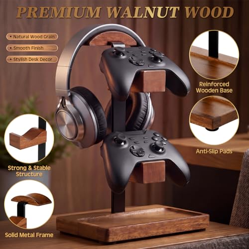 Headphone Stand with Controller Holder, Light Walnut - color: Light Walnut