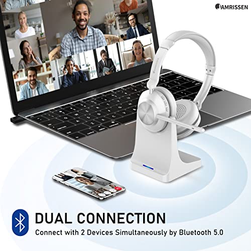 Wireless Headset with Mic for Work, Bluetooth Headset with Microphone, AI Noise Canceling Mic & Mute, Wireless Headphones with USB Dongle & Charging Dock for PC/Cell Phones/Call Center/Teams