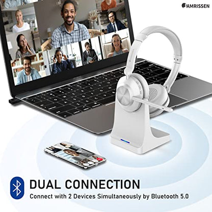 Wireless Headset with Mic for Work, Bluetooth Headset with Microphone, AI Noise Canceling Mic & Mute, Wireless Headphones with USB Dongle & Charging Dock for PC/Cell Phones/Call Center/Teams