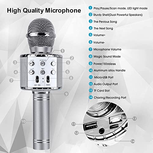 BlueFire 4 in 1 Karaoke Wireless Microphone with LED Lights, Portable Microphone for Kids, Great Gifts Toys for Kids, Girls, Boys and Adults (Silver) - color: Silver