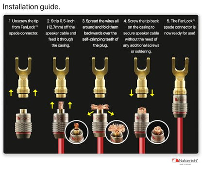 Nakamichi FanLock 24k Gold Plated Spade Y Connector Banana Plugs, 10-18 AWG | Excel Series, Gauge Size 4mm for Speakers Amplifier Hi-Fi Stereo Radio AV Audio Wire Cable Quick Connector, 10 Pcs (5-Pairs) - size: 10 Pcs (5-Pairs)