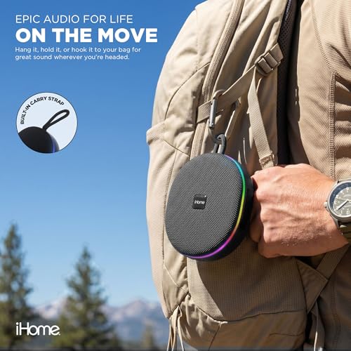 iHome Venture Wireless Portable Bluetooth Speaker with RGB Lights | Water Resistant, Built-in Carry Strap, TWS Pairing, Color-Changing LEDs, Rechargeable Battery, Cable Included, Bluetooth 5.3 - color: Black