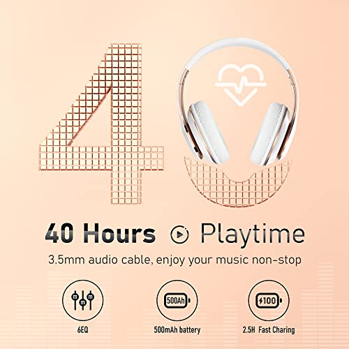 Bluetooth Headphones Over Ear, 6S Foldable Wireless Headphones with 6 EQ Modes, 40 Hours Playtime HiFi Stereo Headset with Mic, Soft Ear Pads, TF/FM for Cellphone/PC/Home (White & Gold) - color: Gold