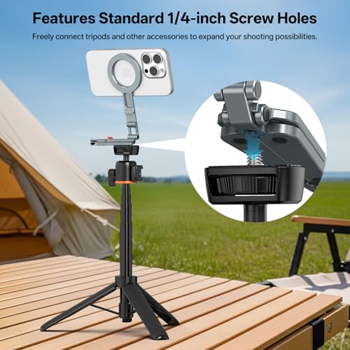 VRIG MG-34 Magnetic Tripod Stand for iPhone, Aluminium Alloy Foldable Phone Stand for Desk/Handheld, 1/4'' Screw Hole, Cold Shoe Mount and Hook, Compatible with iPhone 17 16 15 14 13 12 Series - size: MG-34 Tripod