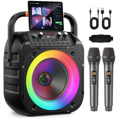 Karaoke Machine for Adults, Portable Bluetooth Karaoke Speaker with 2 Wireless Microphones, Echo Adjustment, LED Lights, PA System with 6.5" Subwoofer, Support TV/AUX/USB/TF Card (Black) - color: Jet Black