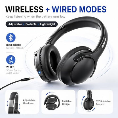 Bluetooth Headphones Wireless 68H with Mic,Decent Sound-Acceptable Black | Adjustable Headband Foldable Over-Ear Lightweight for Office/Travel/Tablet/iPad/Laptop,HD Stereo Sound,Aux 3.5mm,Black - color: Black