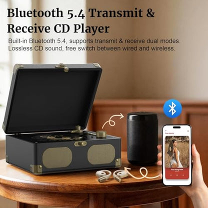RetroAudio CD Player with Speakers Retro Portable CD Players for Home Music Player with Remote Control,V5.4 Bluetooth in&Out Desktop Suitcase CD Player with AUX in, Headphone Jack,USB Playback，Black - color: Black