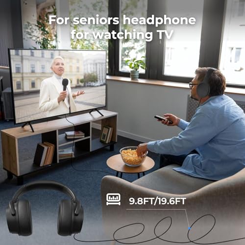 Long Cord TV Headphones for Seniors with Volume Control - size: 19.6FT Black without Microphone