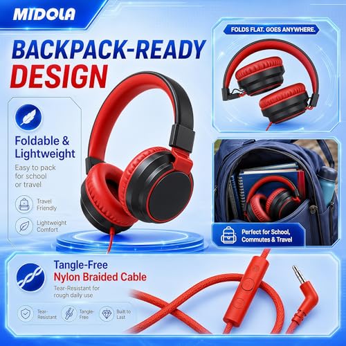 MIDOLA Volume Limited 85/110dB Kids Headphone Over-Ear/On-Ear Foldable Sound Noise Protection Headset with Inline AUX 3.5mm Cord w/Mic for Child School Cellphone Pad PC Notebook Black | Adjustable Headband Foldable Over-Ear Lightweight for Toddler Girls B