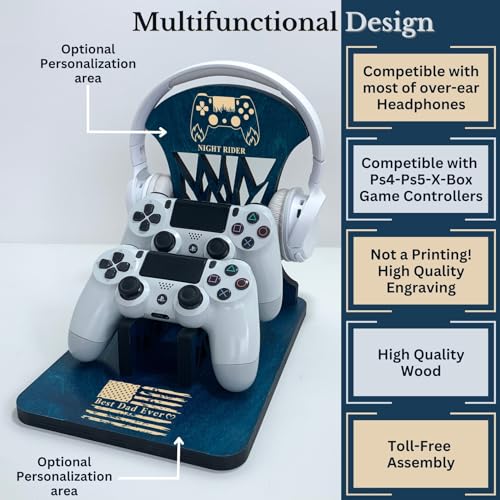 Wooden Controller Stand with Headphone Holder, Compatible with All Gaming Console, Gaming Desk Accesories, Gift for Gamers Boy, Son, Husband, Boyfriend, Gamer Organizer Rack - Puzzle - Brown - color: Brown