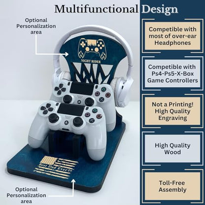 Wooden Controller Stand with Headphone Holder, Compatible with All Gaming Console, Gaming Desk Accesories, Gift for Gamers Boy, Son, Husband, Boyfriend, Gamer Organizer Rack - Puzzle - Brown - color: Brown