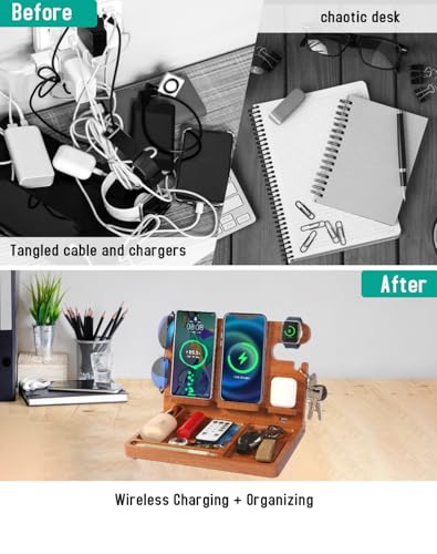 Nightstand Organizer with 4 Wireless Charger for 2 iPhone/Android Phone,Apple Watch,Airpod,Wood Phone Docking Station,27W Fast Wireless Charging Station,Wallet/Key Holder,Gift for Men Dad