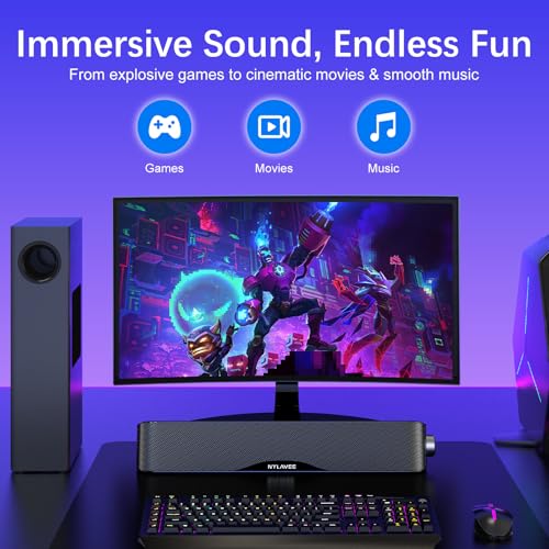 Nylavee Computer Speakers with Subwoofer, 2.1 PC Soundbar, Bluetooth 5.4 | 60W Peak Power, AC Adapter Powered with 3.5mm AUX for Desktop PCs, Laptops and Monitors