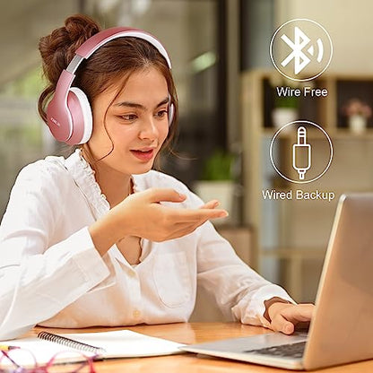 JOMILIN B9 Bluetooth Headphones Over-Ear, 3 EQ Music Modes and 50H Playtime Wireless Headphones with Mic, Hi-fi Stereo Lightweight Folding Headset, Volume Control for Travel Tablet PC (Rose Gold) - color: Rose Gold