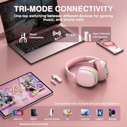AULA G7 Pro Wireless Gaming Headset with 7.1 Surround Sound, 40mm Driver,BT5.3 Gaming Headphones with Mic, RGB, 10ms Latency, 65H Battery,Pink Gaming Headset for PS5,PS4, Switch,PC,Wired Mode for Xbox