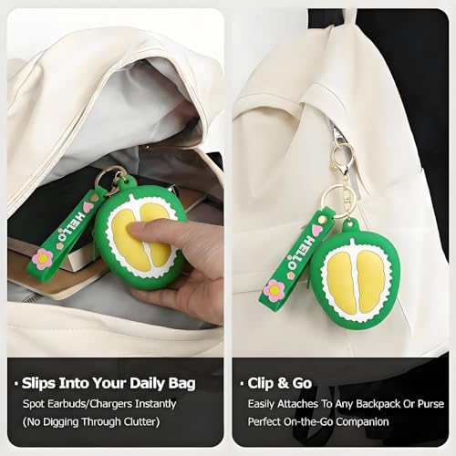 【Woyinger】 Fruit Shaped Silicone Earbud Case for AirPods, Tech Organizer Pouch with Keychain & Wrist Strap, Mini Cable Coin Wired/Wireless Earphone Holder, Durian - color: A2-Durian