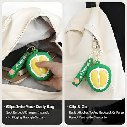 【Woyinger】 Fruit Shaped Silicone Earbud Case for AirPods, Tech Organizer Pouch with Keychain & Wrist Strap, Mini Cable Coin Wired/Wireless Earphone Holder, Durian - color: A2-Durian
