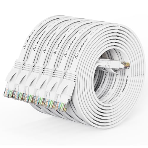 Cat 6 Flat Ethernet Cable 7ft 6Pack, 10Gbps, White | OFC Bare Copper 30AWG UTP Patch Cable, 550MHz, RJ45 Gold-Plated, Snag-Less Boots, Ideal for Gaming, Streaming, Router - color: White-Flat, size: 7ft