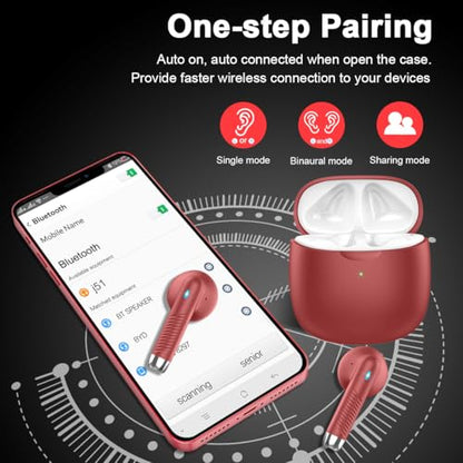 Wireless Earbuds, Bluetooth 5.4 Earbuds Stereo Bass, Bluetooth Headphones | in Ear Noise Cancelling Mic, Earphones IP7 Waterproof Sports, 32H Playtime USB C Charging Case Red Ear Buds for Android iOS - color: Glossy Red