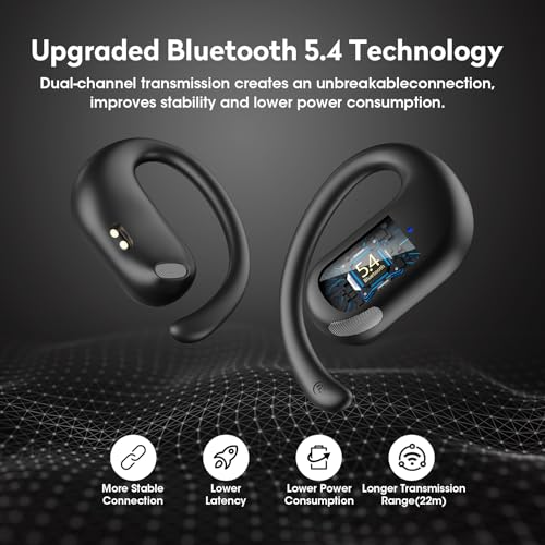 Open Ear Earbuds, 50H Open Ear Headphones Bluetooth 5.4, IPX6 Open Ear buds Wireless with Adjustable Ear hook, Hi-res Stereo, AI Clear Call, Lightweight, Wireless Over Earbud for Workout, Gym, Running - color: Black