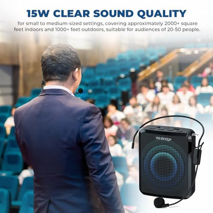 WinBridge 15W Voice Amplifier with Wired Headset Microphone for Teachers | Power-On Auto Sync,Dual Music + Voice Playback,Ideal for Teaching,Fitness, Tours & Public Speaking, Ultra-lightweight,WB008