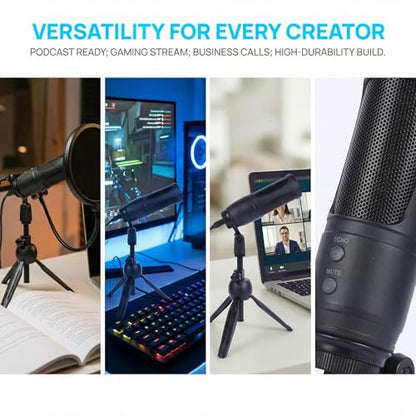 USB Microphone, Cardioid Condenser Mic with Noise Cancellation | One-Click Mute & Echo Effect, USB Mic for PC/Mac, Plug & Play for Podcasting, Streaming, YouTube, Vocals, Meeting & Gaming